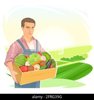Farmer with a box of vegetables: onions, cucumbers, tomatoes, peppers, carrots, cabbage. Against the backdrop of a rural landscape. Isolated on white. Stock Vector