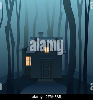 Cartoon house in the woods among the trees. Creepy. Forest. Cozy country house in a traditional European style. Nice funny home. Scary forest Stock Vector