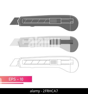 Set, Knife for construction work. Linear, solid and realistic design. On a white background. Tools for workers. Flat vector illustration. Stock Vector