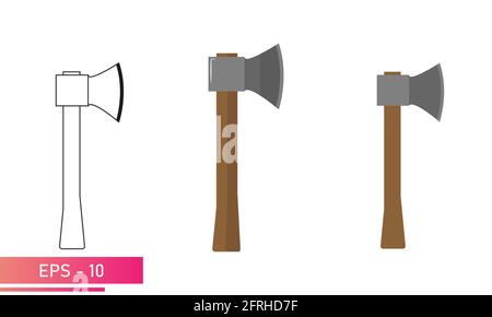 A set of axes with a wooden handle. Realistic and linear design. On a white background. Tools for the forester and woodcutter. Flat vector Stock Vector