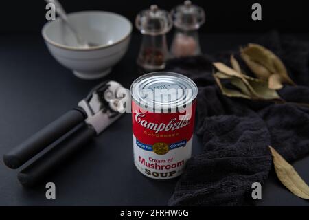 A  tin of canned Campbell's cream of mushroom soup on a table with a dark background. Stock Photo