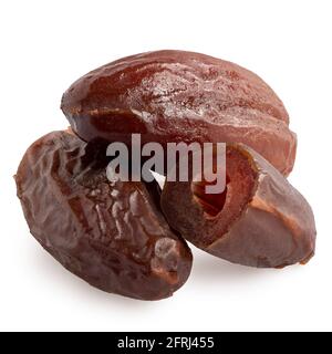 Two and half dry pitted dates isolated on white. Stock Photo