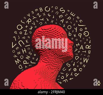 Discovery, studying and learning concept. Brain training. Development of thinking abilities. Halo of letters in chaotic order above the man's head. Ve Stock Vector