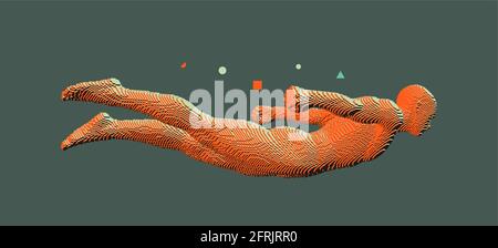 Man is flying or falling in the air. Voxel art illustration. Virtual reality simulator for game industry. Vector. Stock Vector