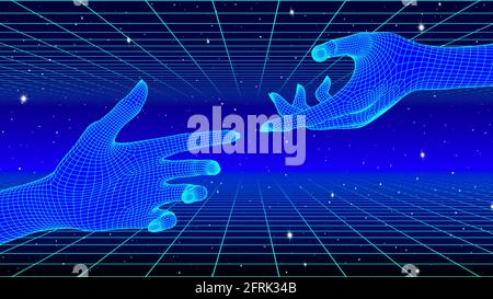 Hands touching in cyberpunk concept with 80s neon and grid style. Synthwave or vaporwave illustration with human and machine connection Stock Vector