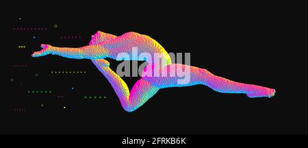 Gymnast performing an element of rhythmic gymnastics, jumping or making a jump in the air. Voxel art. 3D vector illustration for icon health and fitne Stock Vector