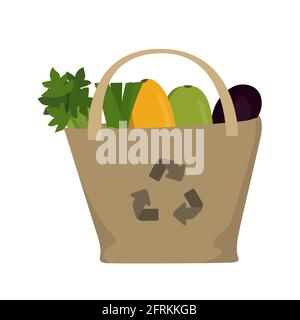 Eco friendly fabric bag with courgette, eggplant, onion and celery. Stock Vector