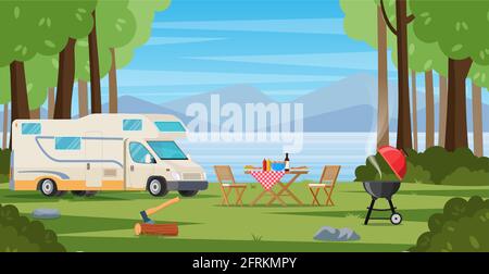 Camper with barbecue folding table deckchair Stock Vector