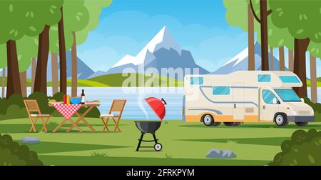 Camper with barbecue folding table deckchair Stock Vector