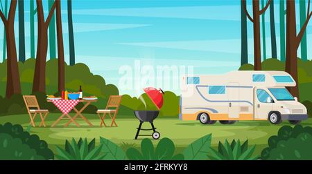 Camper with barbecue folding table deckchair Stock Vector