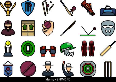 Cricket Icon Set. Editable Bold Outline With Color Fill Design. Vector Illustration. Stock Vector