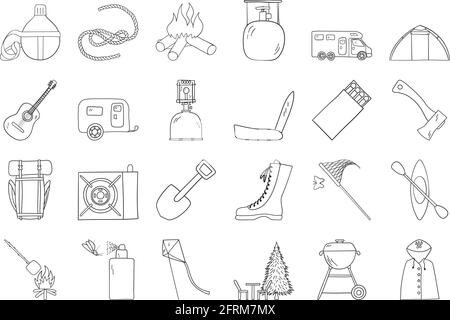 Camping Icon Set. Hand Drawn Doodle Sketch Design. Vector Illustration. Stock Vector