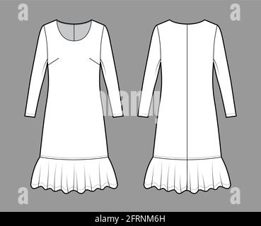 Dress dropped waist technical fashion illustration with long sleeves, oversized body, knee length skirt, round neck. Flat apparel front, back, white color style. Women, men unisex CAD mockup Stock Vector