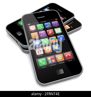 Mobile phones with touchscreen and colorful apps . 3d image Stock Photo