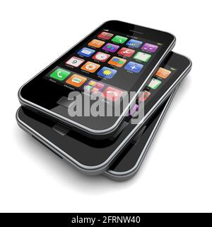 Smartphones with touchscreen and colorful apps . 3d image Stock Photo