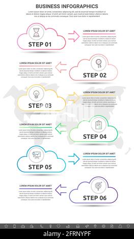 Infographic clouds with arrows. Vector line business concept of 6 steps, icons. Template with six ways for diagram, web, banner, presentations Stock Vector