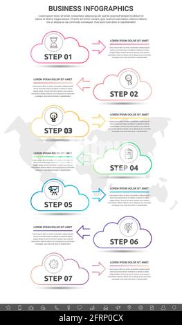 Infographic clouds with arrows. Vector line business concept of 7 steps, icons. Template with seven ways for diagram, presentations, flowchart Stock Vector