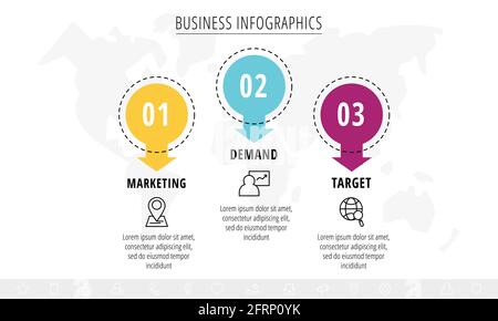 Vector infographics or timeline three circles cards connected by arrows. Business concept of 3 steps. Design template for diagram, web, banner Stock Vector