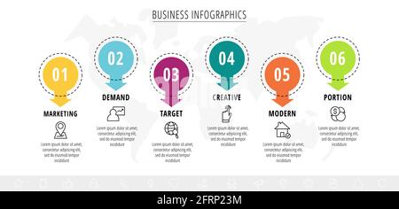 Vector infographics or timeline six circles cards connected by arrows. Business concept of 6 steps. Design template for diagram, web, banner, workflow Stock Vector