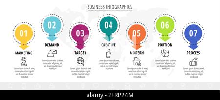 Vector infographics or timeline seven circles cards connected by arrows. Business concept of 7 steps. Design template for diagram, banner, workflow Stock Vector