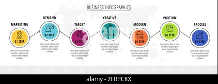 Modern and line vector infographic with icons and seven steps. Circles with thin lines for the application, website, interface, chart, levels, diagram Stock Vector