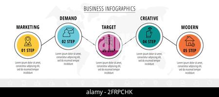 Modern and line vector infographic with icons and 5 steps. Circles with thin lines for the application, website, interface, chart, levels, diagram Stock Vector