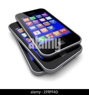 Mobile smart phones with blue screen and colorful apps. Technology concept. 3d image Stock Photo