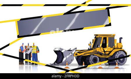 Illustration Concept background. Working Progress page for website with workers plan to build and Heavy equipment bulldozer and construction Cones. de Stock Photo