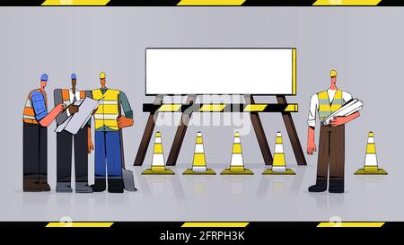 Illustration Concept Under construction page for website with worker and computer construction Cones plan to build. empty for your text. Stock Photo