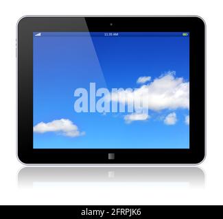 xITablet PC computer with blue sky background on the touchscreen. 3d image Stock Photo