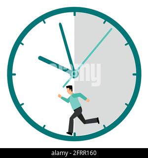 Vector illustration of a man running nonstop inside the clock like a hamster. Stock Vector