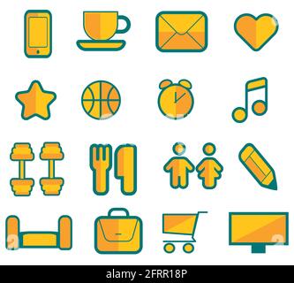 Set of icons for every day activities in yellow and green colors. Stock Vector