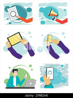 Set of different actions man going with gadgets and papers while working. Stock Vector
