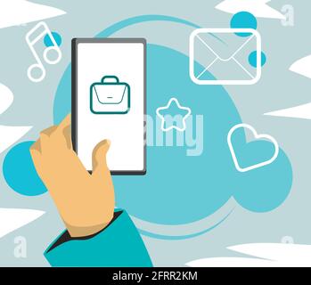 Man hand holding a smartphone with briefcase icon on the screen over the background with many other icons. Stock Vector