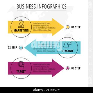 Vector line infographics template for 3 colorful arrows and circles. Business concept with three elements and icons. Modern blank space for chart Stock Vector