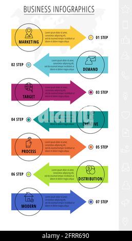 Vector line infographics template for 7 colorful arrows and circles. Business concept with seven elements and icons. Modern blank space for chart Stock Vector