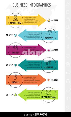 Vector line infographics template for six colorful arrows and circles. Business concept with 6 elements and icons. Modern blank space for chart Stock Vector