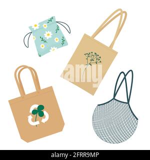 Cotton reusable bags - zero waste concept. Vector illustration in flat style, isolated on white background Stock Vector