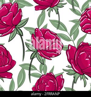 Seamless pattern with burgundy peonies. Vector, peony. Floral colorful background with large flowers. Botanical background for design and packaging. H Stock Vector