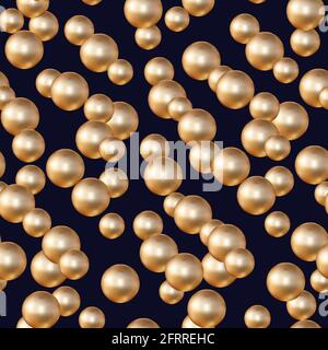 Golden pearls 3d on a dark background. Abstraction with 3d spheres or golden bubbles. Jewelry background concept. Seamless vector pattern. Stock Vector