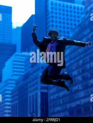 2005 HISTORICAL AIRBORNE OFFICE WORKER JUMPING IN MID AIR OFFICE BUILDINGS MANHATTAN NEW YORK CITY USA Stock Photo