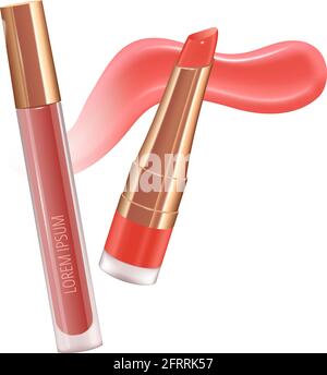 Make-up set for lips with realistic creme smear, realistic liquid lipstick. Stock Vector