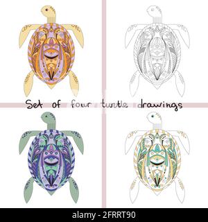 set of four turtle zentangle style. color stylized cat, ornament. coloring book page for adult. Vector illustration. Hand drawn artwork Stock Vector