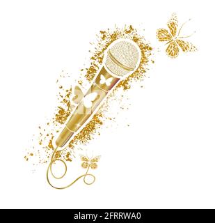 Gold microphone with beautiful shiny butterflies. Mic vector icon. Cartoon vector icon isolated on white background mic. Vector illustration Stock Vector
