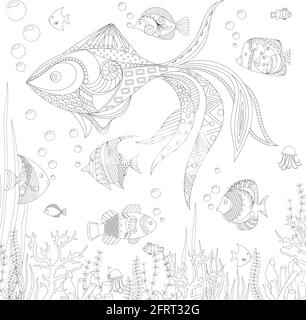 Hand drawn house. The fairytale fish market with the signboard on the  seashore. Sketch for anti-stress adult coloring book in zen-tangle style.  Vector illustration for coloring page. Stock Vector