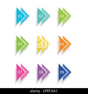 Number Bullet Points Flat Triangles set on white background. Colorful color with number from 01 to 09 for your design. vector illustration Stock Vector