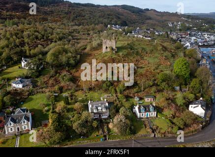 Aerial view of Tarbert Castle and village, Kintyre Peninsula, Argyll, Scotland. Stock Photo