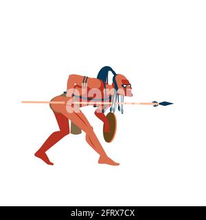 Hunter native people of African tribes, Australian and American aboriginal set, tribe member in traditional clothing with a spear and shield in his Stock Vector