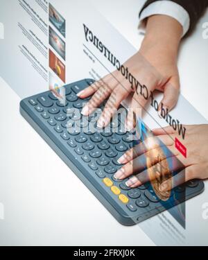 Holographic online news update or media concept: Female hand touching computer keys on keyboard. Global communication media, broadcast concept. Stock Photo