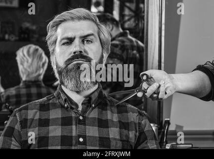 Making hair look magical. hairdresser cutting hair of male client. Hairstylist serving client at barber shop. Personal stylist barber. retro and Stock Photo